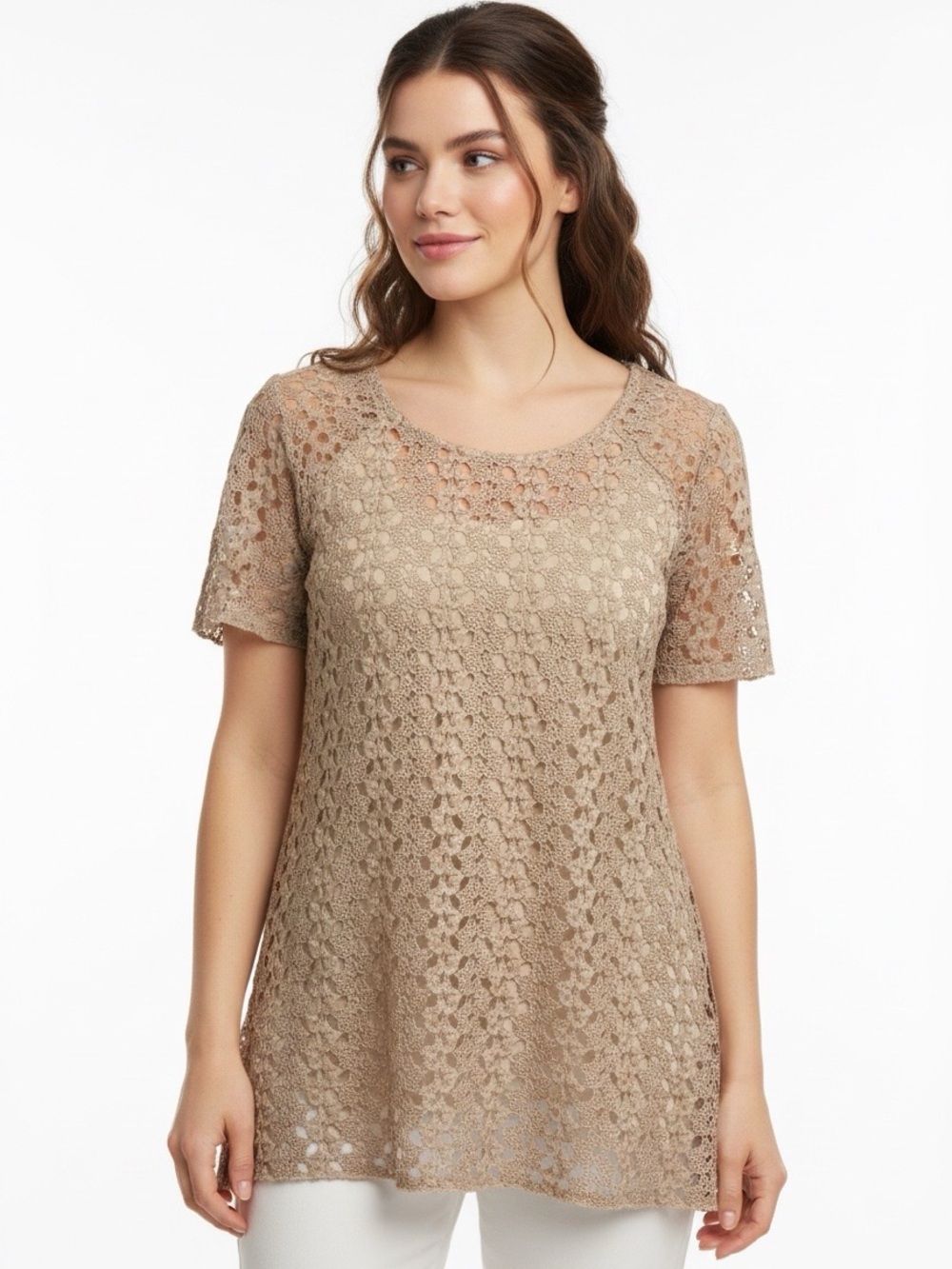 New Directions Women’s Crochet Lace Tunic Top Beige Short Sleeve Knit Medium